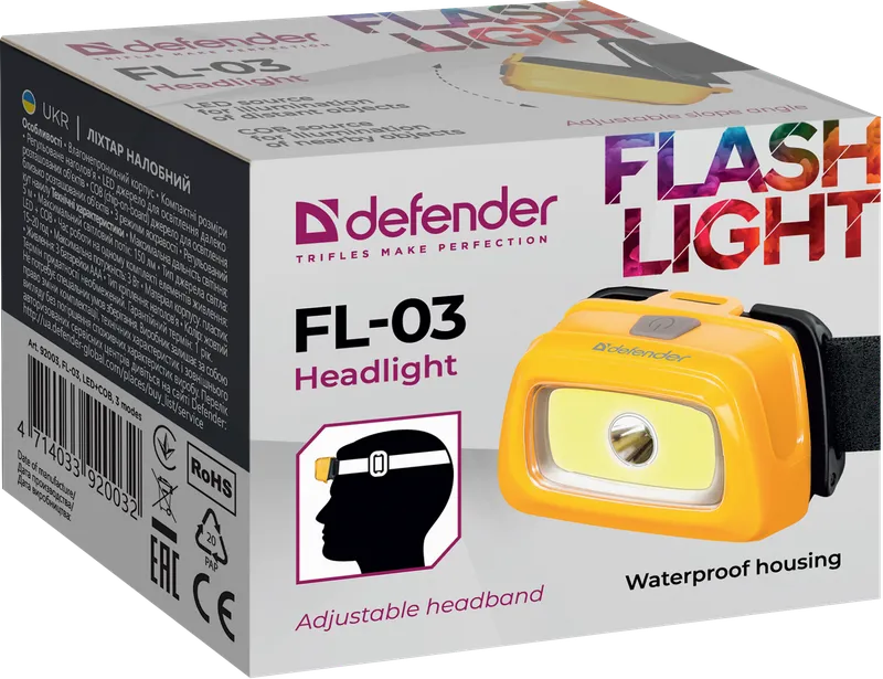 Defender - Ліхтар налобний FL-03, LED+COB, 3 режима